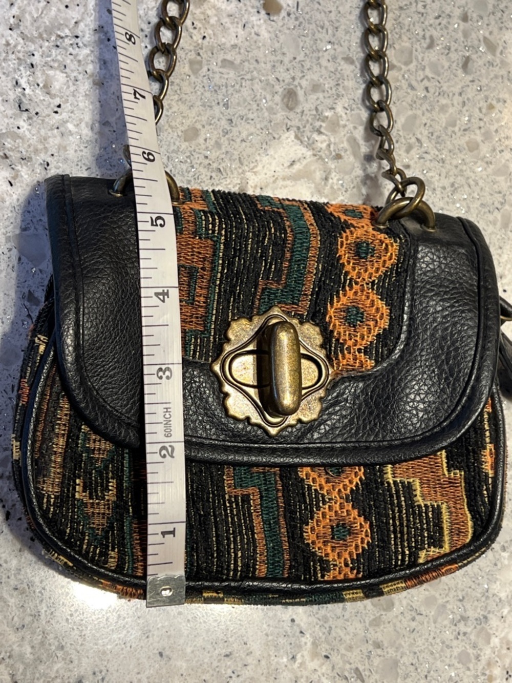 Icing Black Leather & Rust Patterned Tapestry Crossbody Chunky Brass Hardware - Picture 8 of 12
